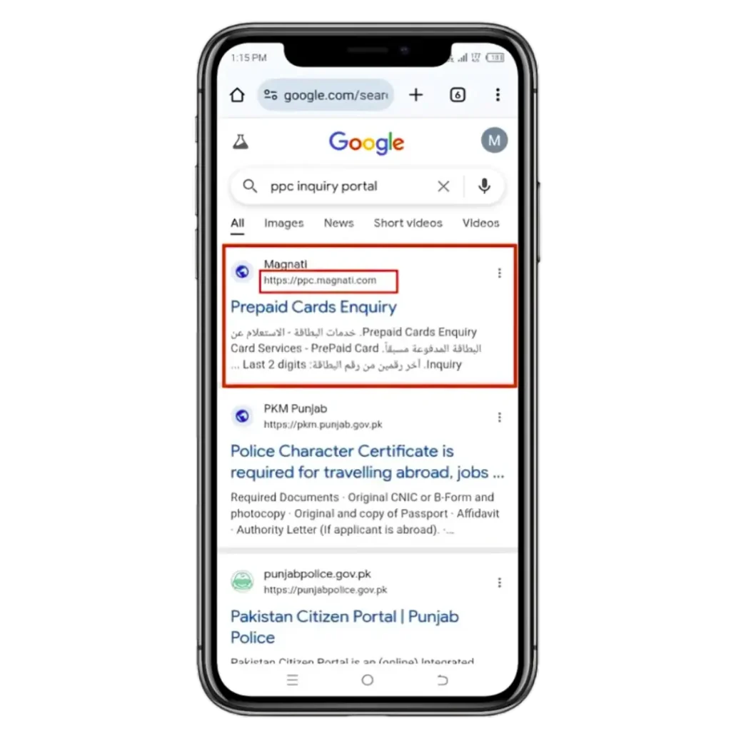 Google search result showing “ppc inquiry portal” with the top link “Magnati – Prepaid Cards Enquiry” highlighted on a smartphone screen.