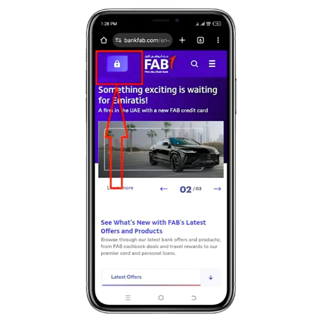 "Mobile screen showing FAB Bank website with a red arrow pointing to the login lock icon."