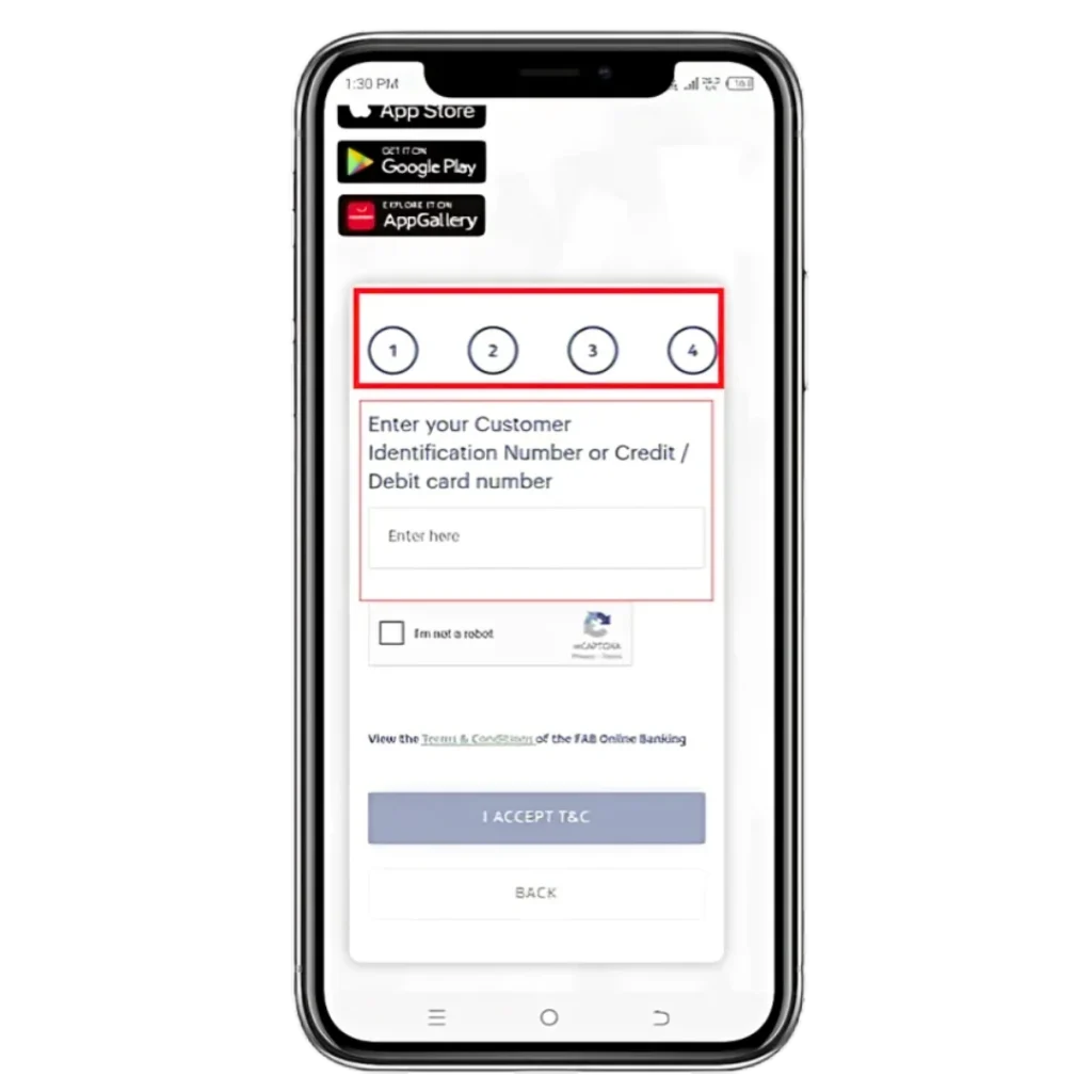 "FAB online banking registration step asking for customer or card number input"