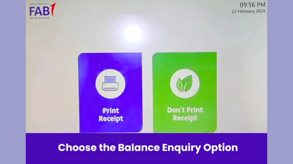 "FAB ATM screen showing options to print or not print receipt after balance enquiry."