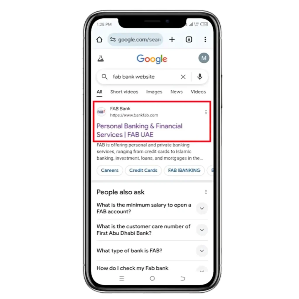 "Google search for FAB Bank website showing top result for Personal Banking & Financial Services."