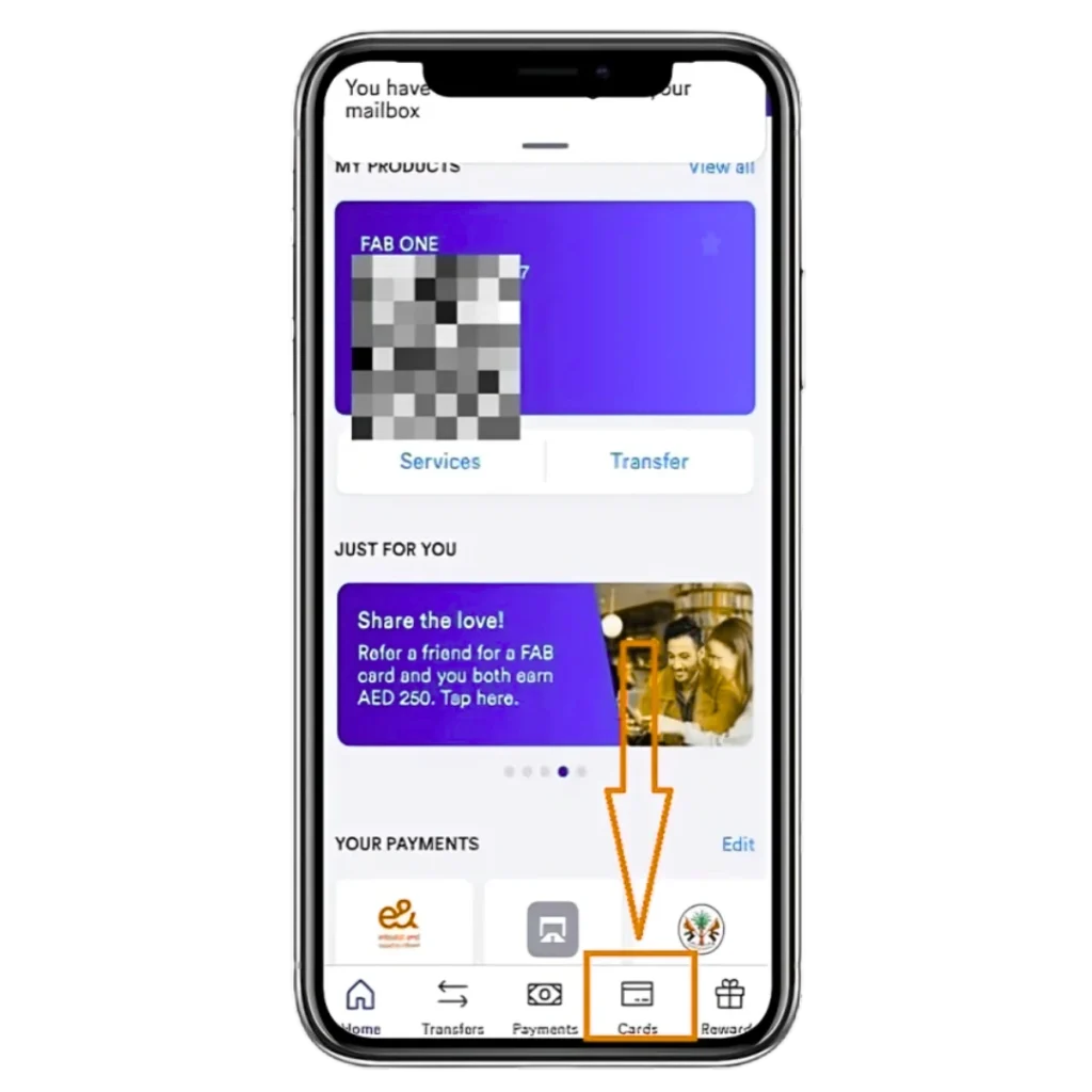 "FAB mobile app dashboard showing services, payments, and highlighted Cards tab with arrow."