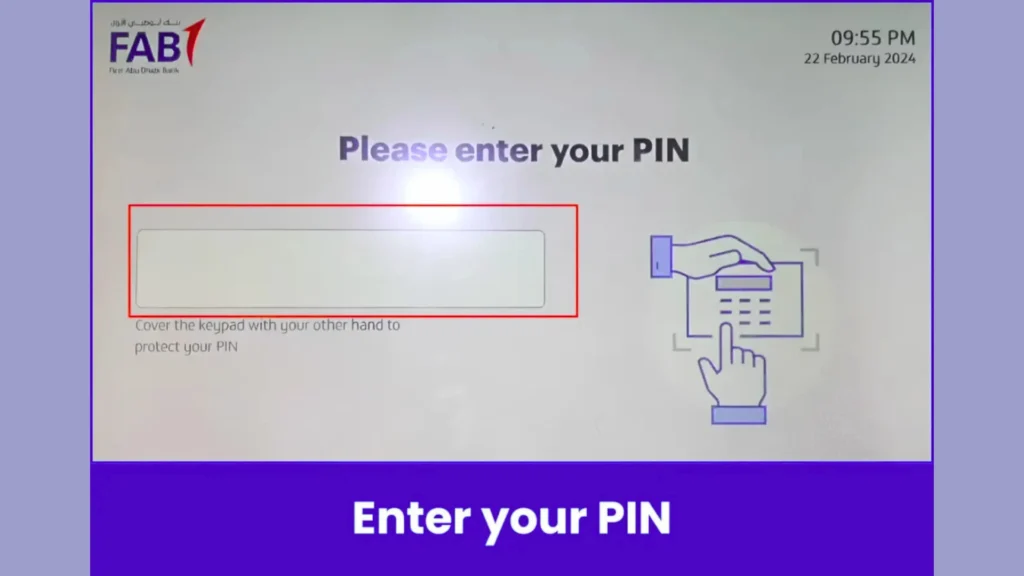 "ATM screen showing prompt to enter PIN securely with keypad illustration and FAB logo"