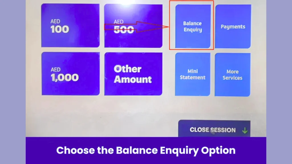 "ATM screen showing Balance Enquiry option for account balance check in AED."