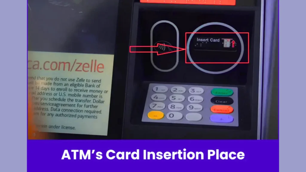 "ATM machine card insertion slot with keypad and contactless payment symbol visible"