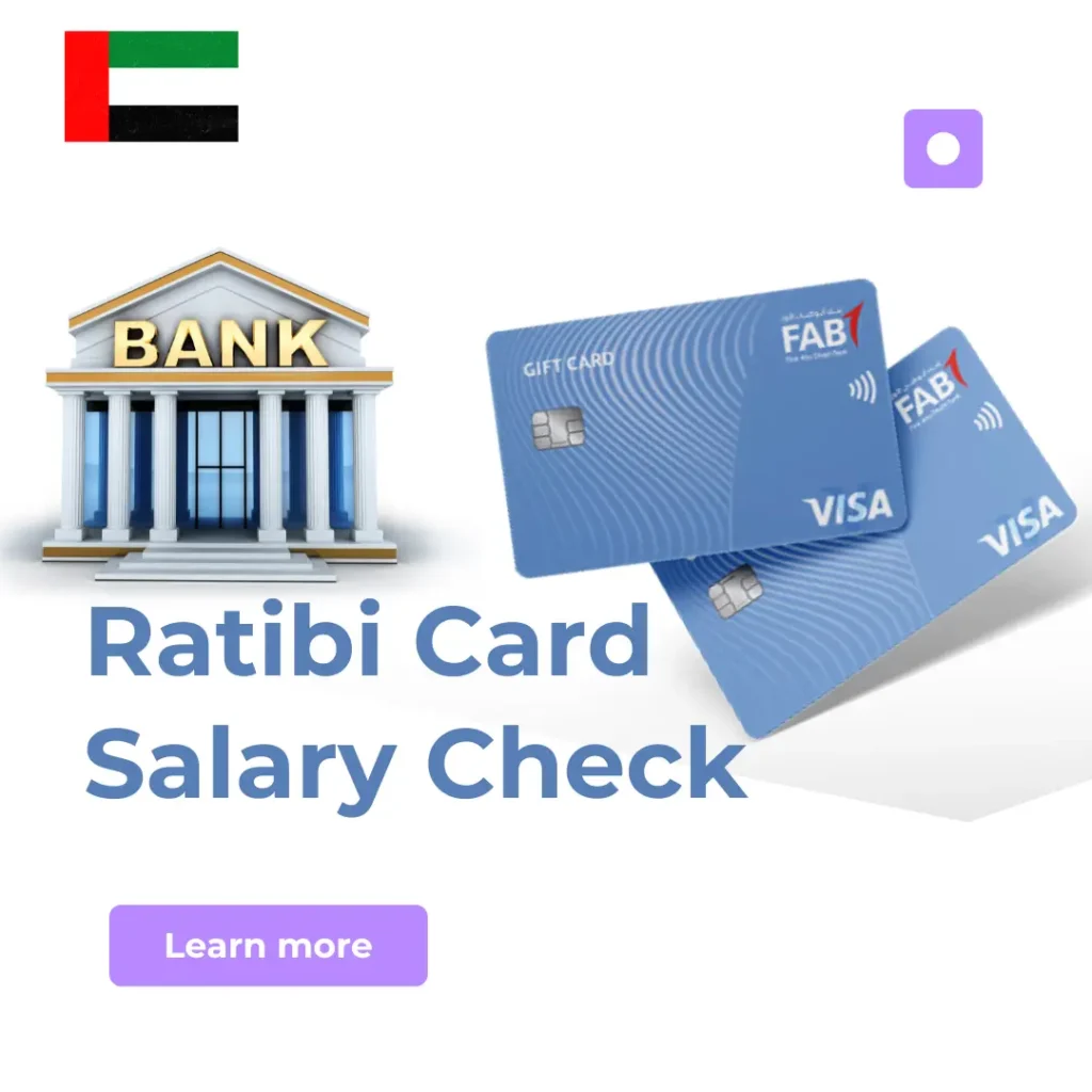 "Illustration showing FAB Visa cards with a bank icon and UAE flag, promoting Ratibi Card salary check service."