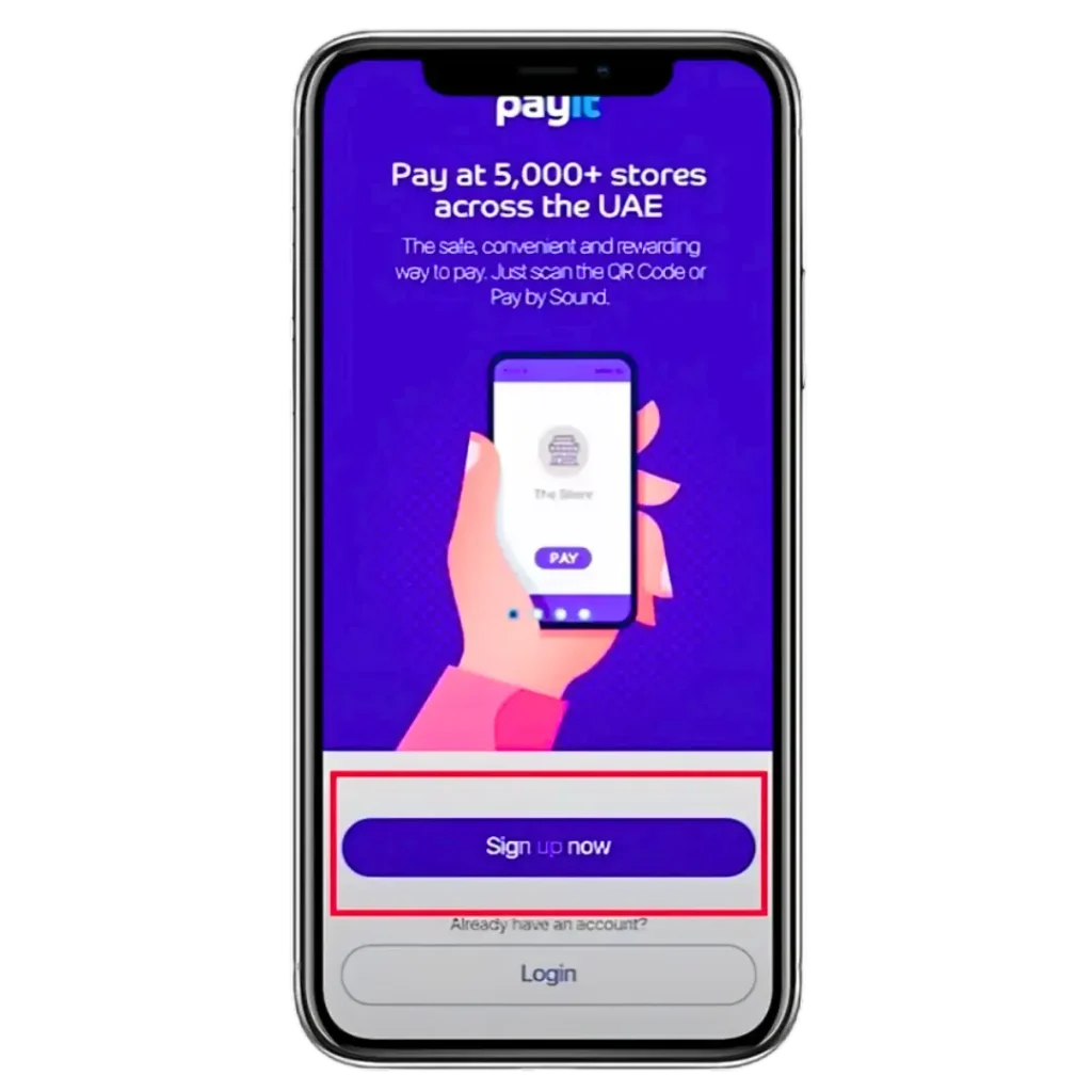 "Payit app sign-up screen for secure digital payments at 5,000+ stores across the UAE."