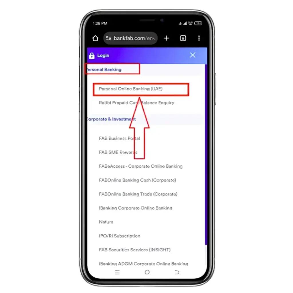 "FAB login menu open on mobile, arrow pointing to 'Personal Online Banking (UAE)' option."