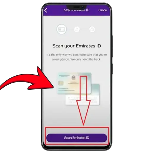 “FAB mobile app screen showing the option to scan your Emirates ID for verification with a red arrow pointing to the ‘Scan Emirates ID’ button.”