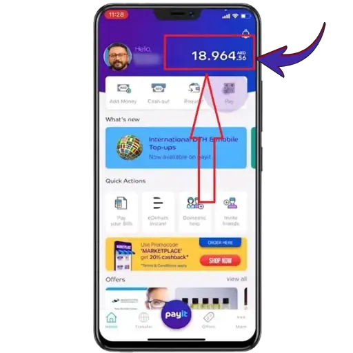"Payit app wallet balance screen showing AED 18.96 with options to add money, cash out, and view offers."