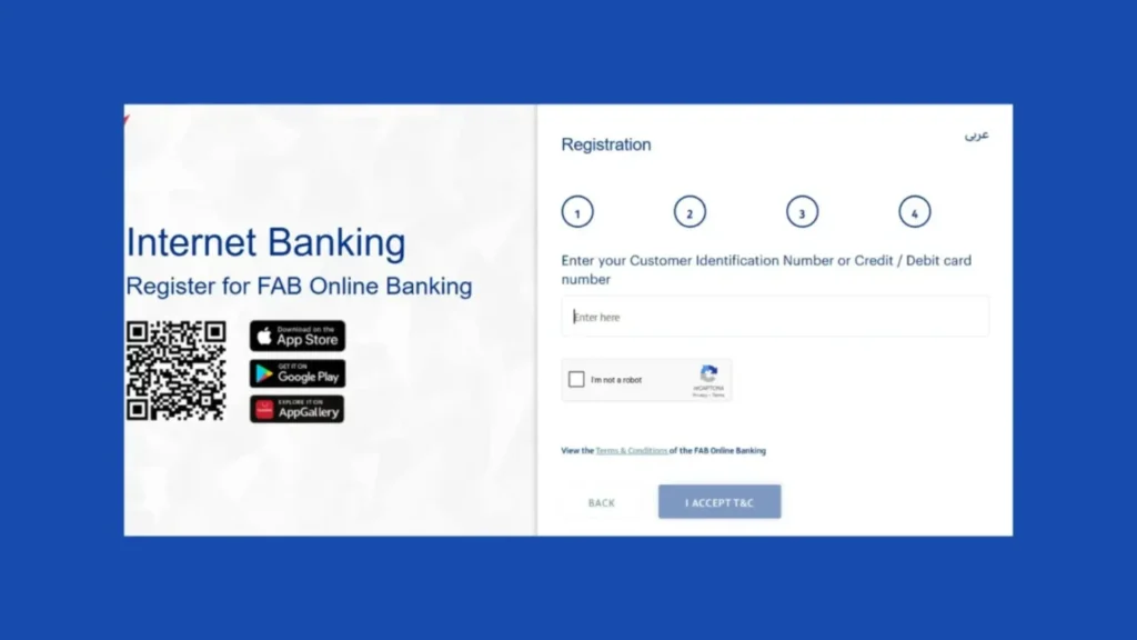 FAB internet banking registration screen with QR app links and signup form