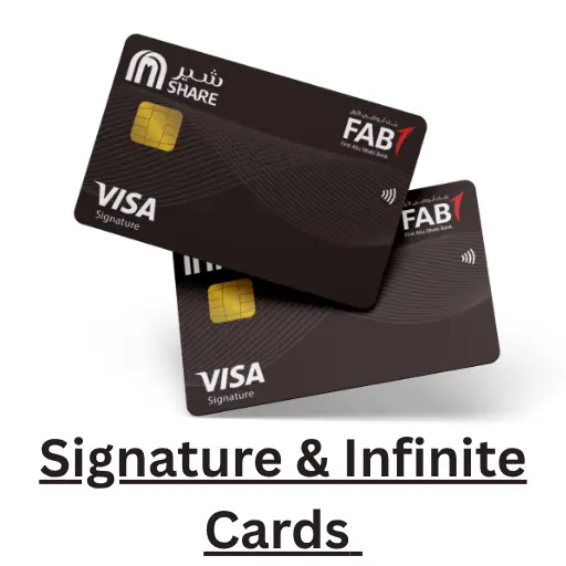 FAB Visa Signature and Infinite credit cards highlighting premium banking benefits.