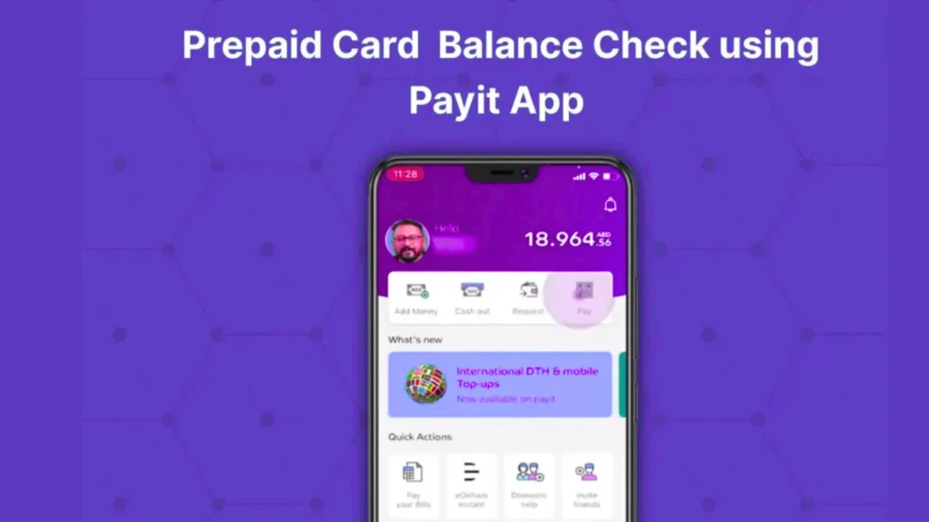 Payit app screen showing prepaid card balance and quick action options.