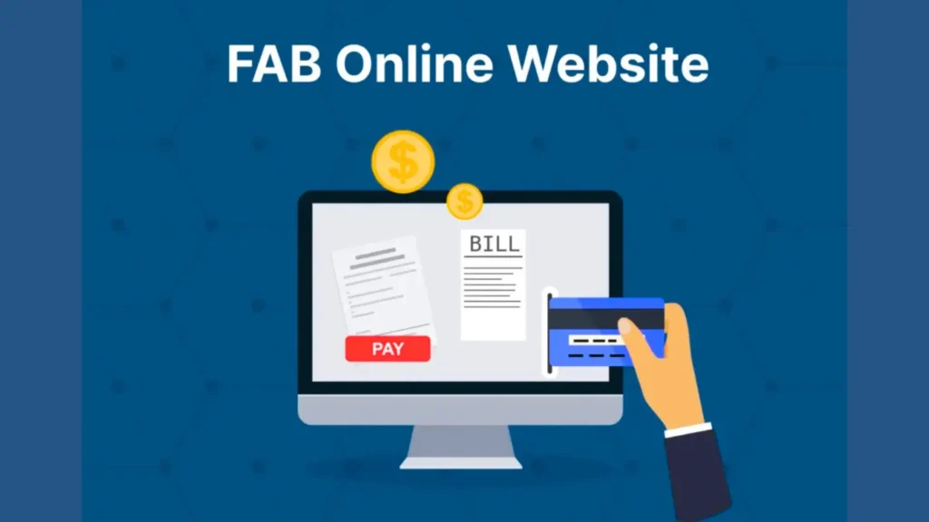 "Online bill payment with credit card and computer screen showing 'PAY' and 'BILL'."