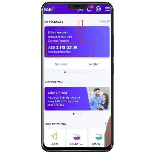 "Mobile screen showing the FAB app with Etihad Account details, including account number and available balance of AED 2,318,221.16, along with service and transfer options."