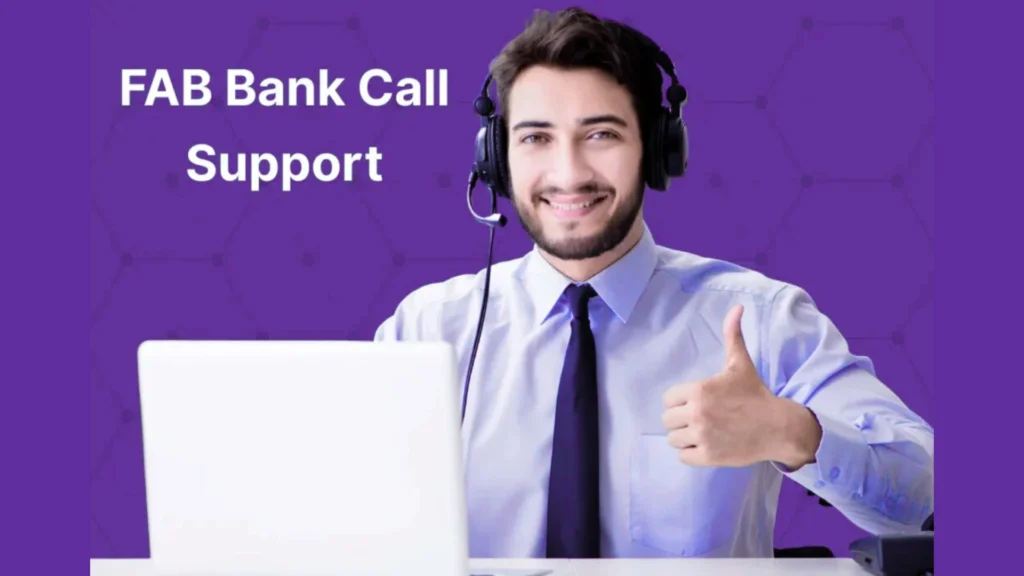 "Smiling customer support agent with headset giving thumbs up, sitting at a desk with a laptop. Text reads 'FAB Bank Call Support'."