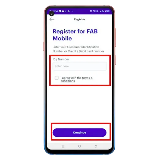 FAB Mobile app registration screen showing ID entry field and Continue button