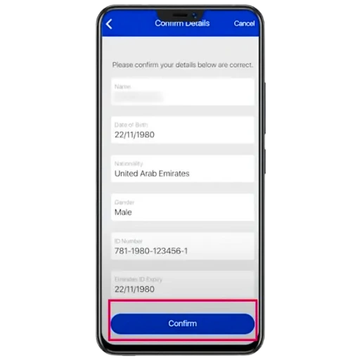 FAB app Confirm Details screen with blue Confirm button.