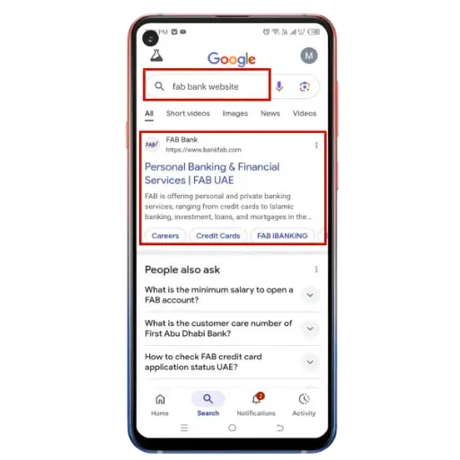 Google search showing FAB Bank website result for personal banking services