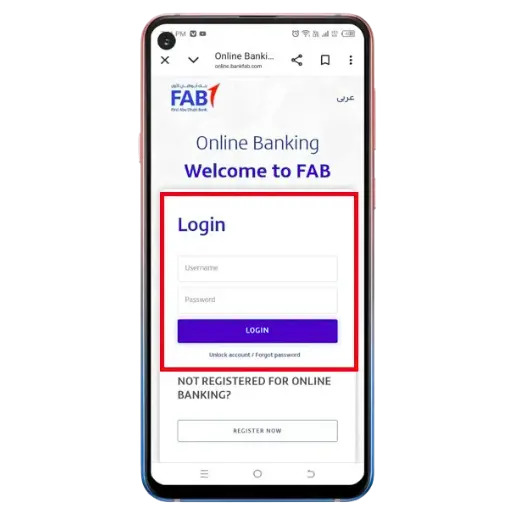 FAB online banking login screen with username and password fields visible