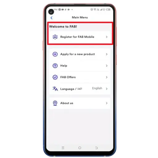 "FAB Mobile App main menu showing highlighted option to register for FAB Mobile banking"