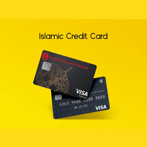 Two Public Islamic Bank Visa credit cards displayed on a yellow background promoting Islamic banking.