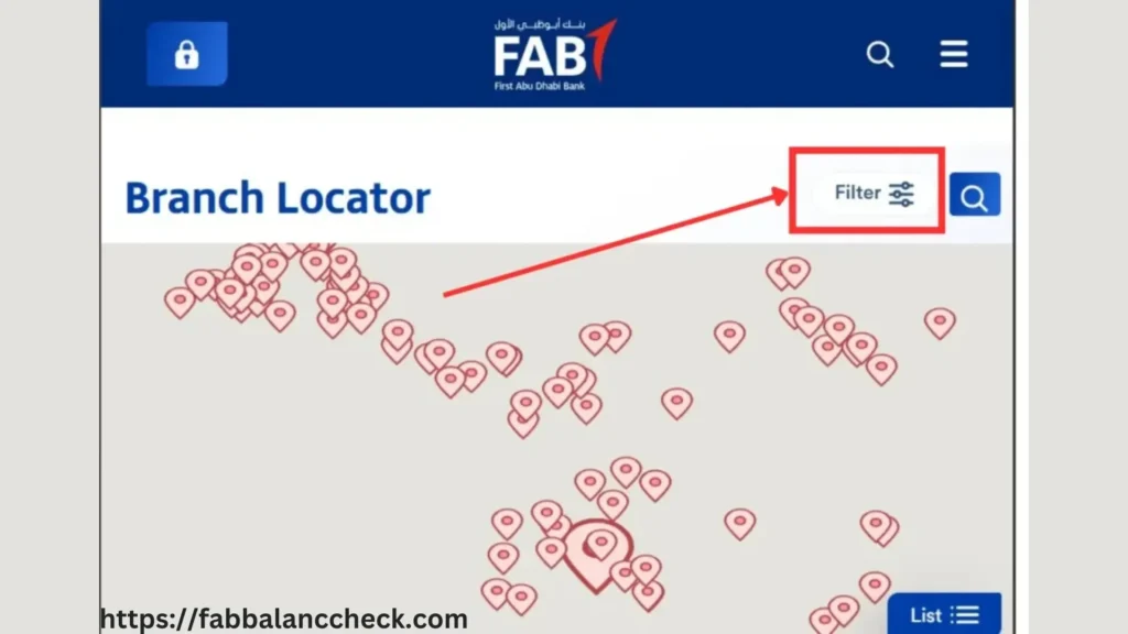 FAB branch locator with map pins and filter option highlighted on screen for easy UAE branch search.