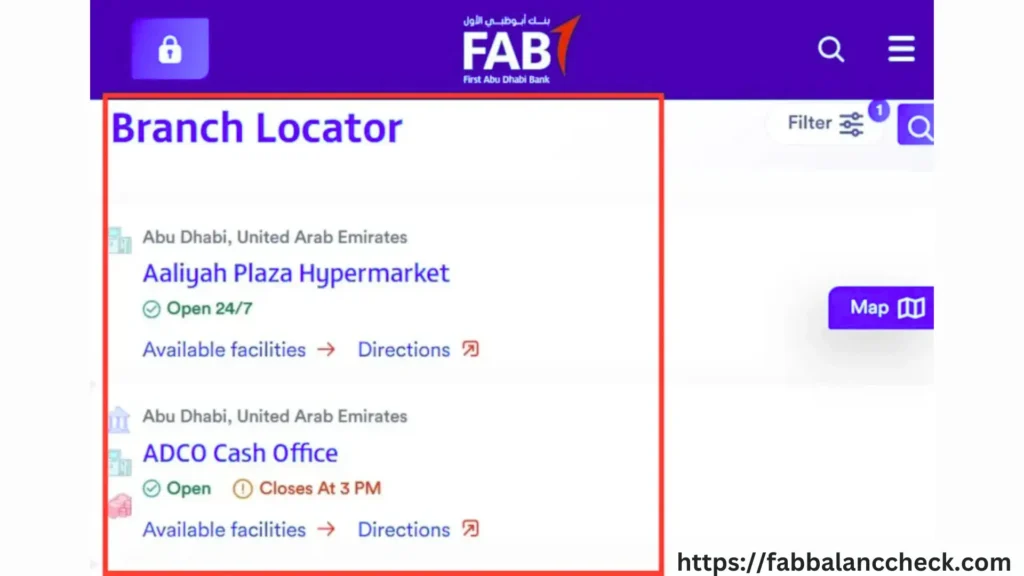 FAB branch locator showing Aaliyah Plaza and ADCO Cash Office with open hours and directions