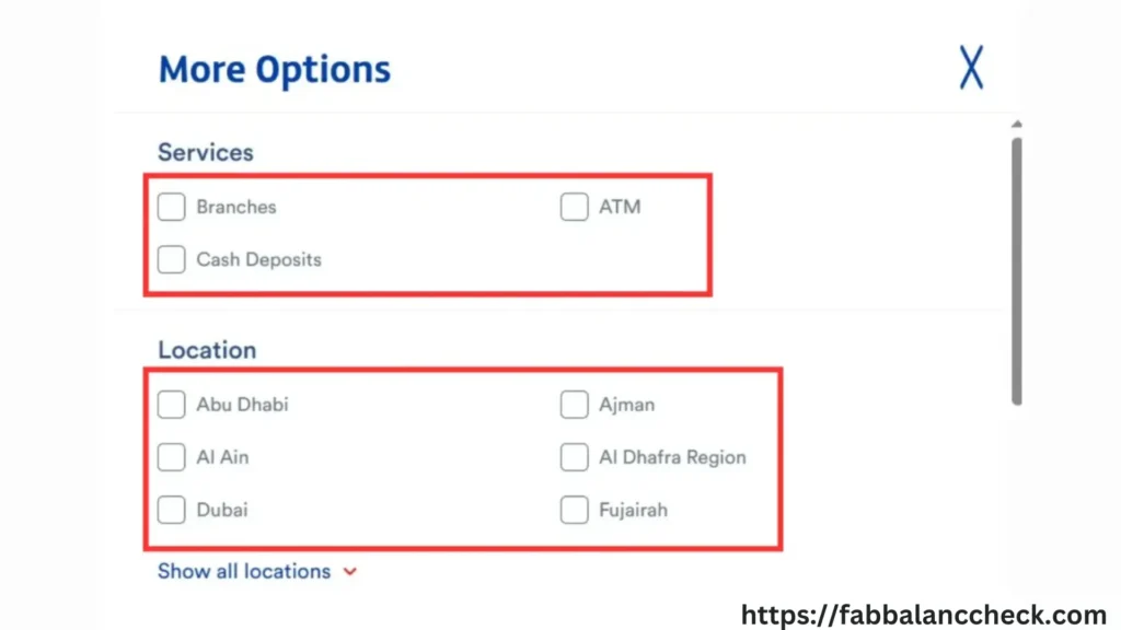 FAB branch locator filters showing services like branches, ATM, cash deposits and UAE locations