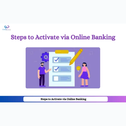 Illustration showing steps to activate an account via online banking with checklist and people.