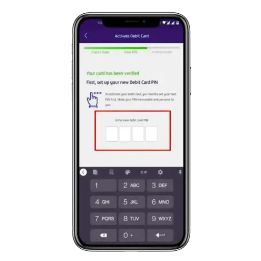FAB mobile app screen showing debit card activation process with PIN setup option highlighted.