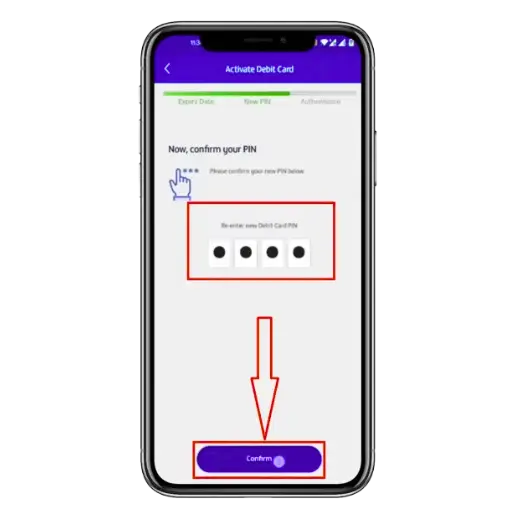 FAB mobile app screen showing debit card PIN confirmation step with Confirm button highlighted.
