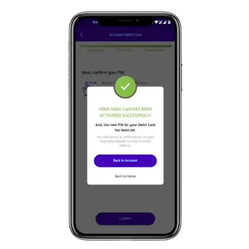 FAB mobile app screen showing message that the debit card has been activated successfully.