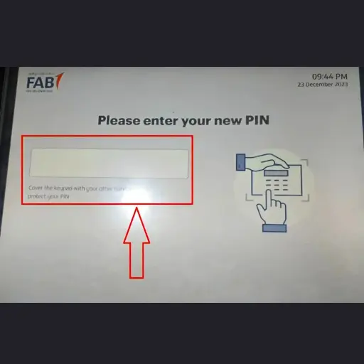 ATM screen showing message to enter and protect your new PIN during card activation.