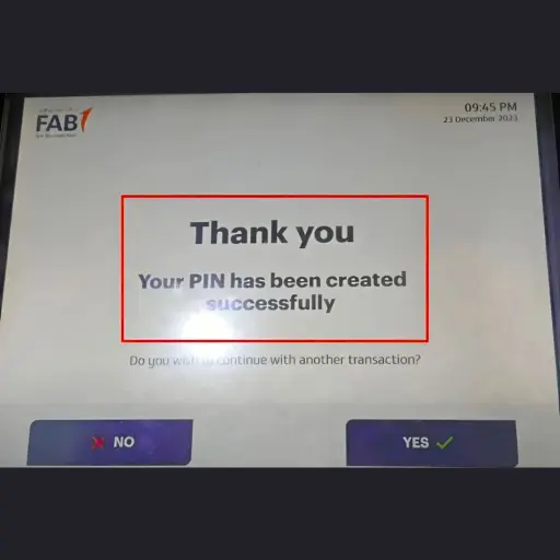 FAB ATM screen showing message “Your PIN has been created successfully” after setup.