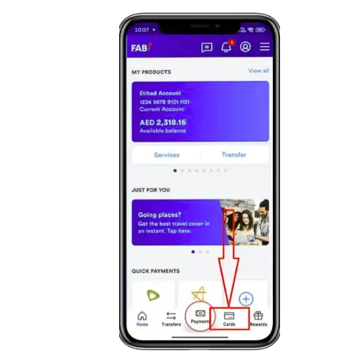 FAB mobile app screen showing account balance with red arrow pointing to the “Cards” option.
