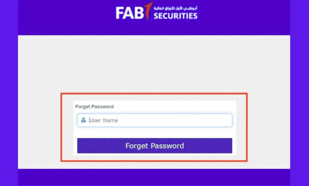 "FAB Securities forget password page for resetting online banking account credentials"