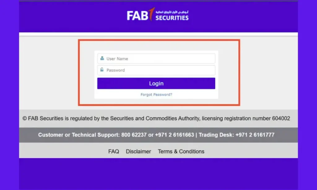 “FAB Securities login page – secure access for trading and investment account users.”