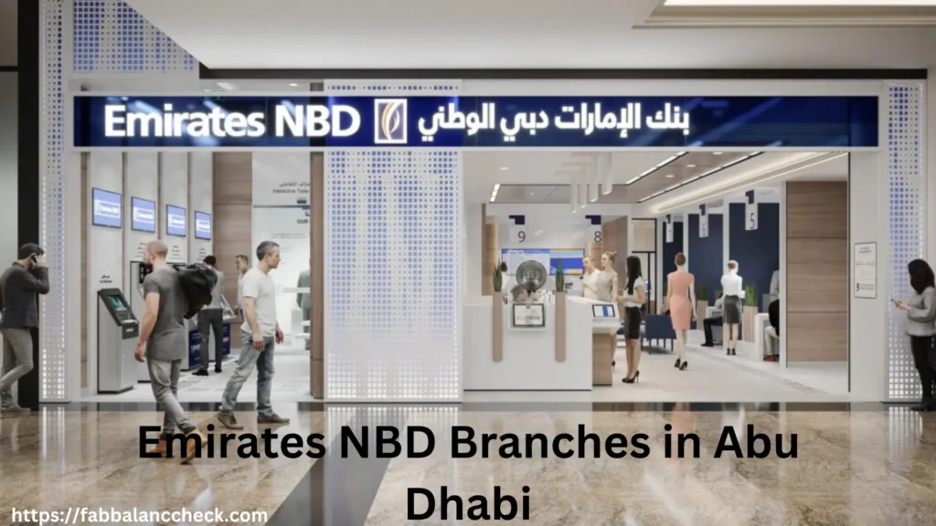 Emirates NBD Abu Dhabi branch interior with customers and staff inside the banking hall