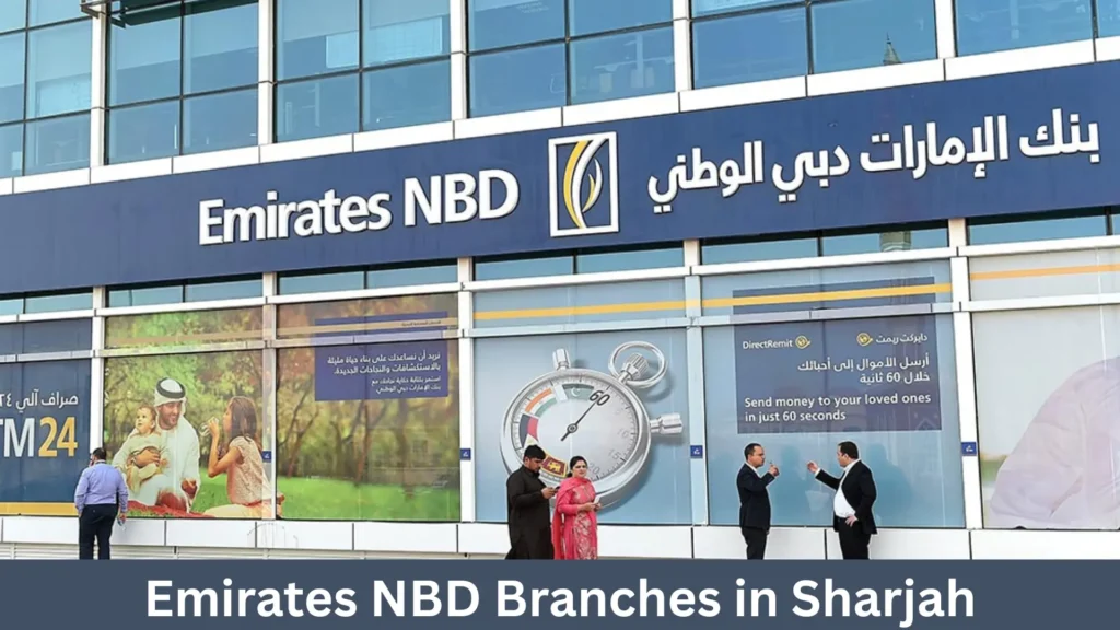 Emirates NBD Sharjah branch exterior with bank signage and people outside the building