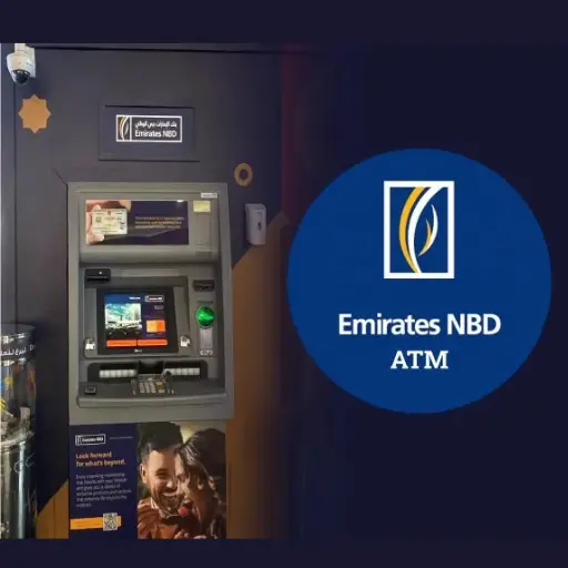 Emirates NBD ATM machine in UAE with bank logo, showing a secure spot for cash withdrawal and services