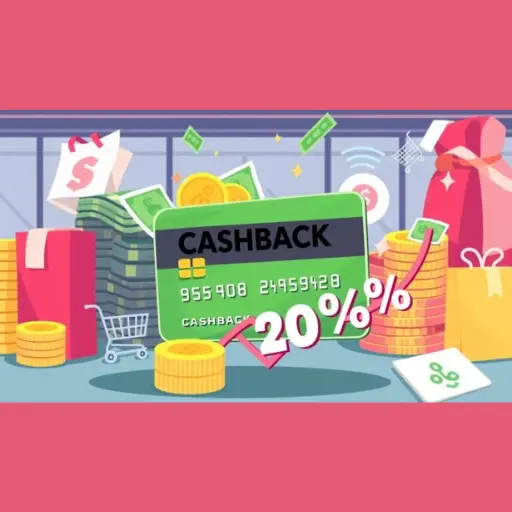 Cashback credit card with 20% offer, coins, shopping bags, gift boxes, and classic account concept