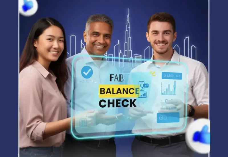 Three professionals smiling while presenting a digital screen showing “FAB Balance Check” with banking analytics and city skyline background.
