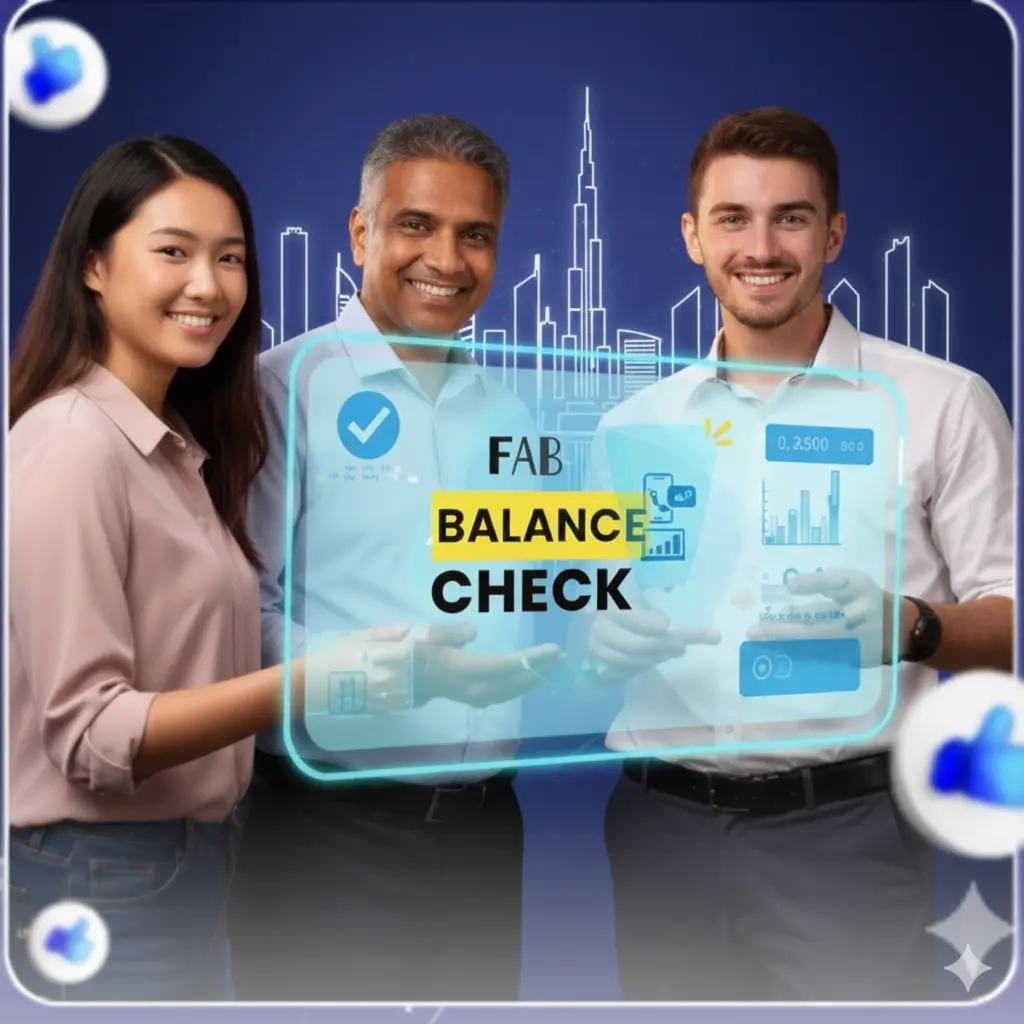 Three professionals smiling while presenting a digital screen showing “FAB Balance Check” with banking analytics and city skyline background.
