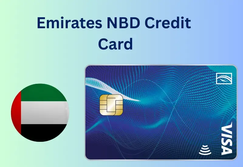 The image features an Emirates NBD credit card with the UAE flag and a blue background.