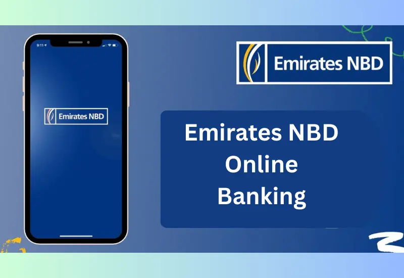 The image features an Emirates NBD Online Banking interface on a mobile phone with the Emirates NBD logo.
