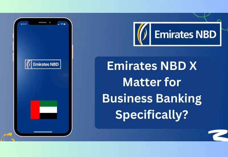 The image features an Emirates NBD Online Banking interface on a mobile phone with the UAE flag and a business banking question.