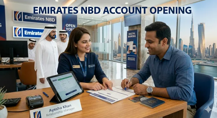 Emirates NBD account opening at branch with manager assisting customer in Dubai