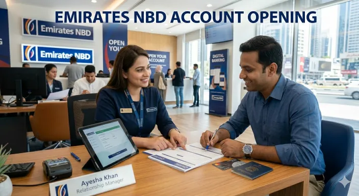 Emirates NBD staff helping customer open account at Dubai branch desk
