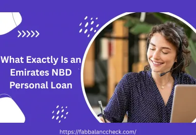Banner asking what is an Emirates NBD personal loan with woman using laptop and headset